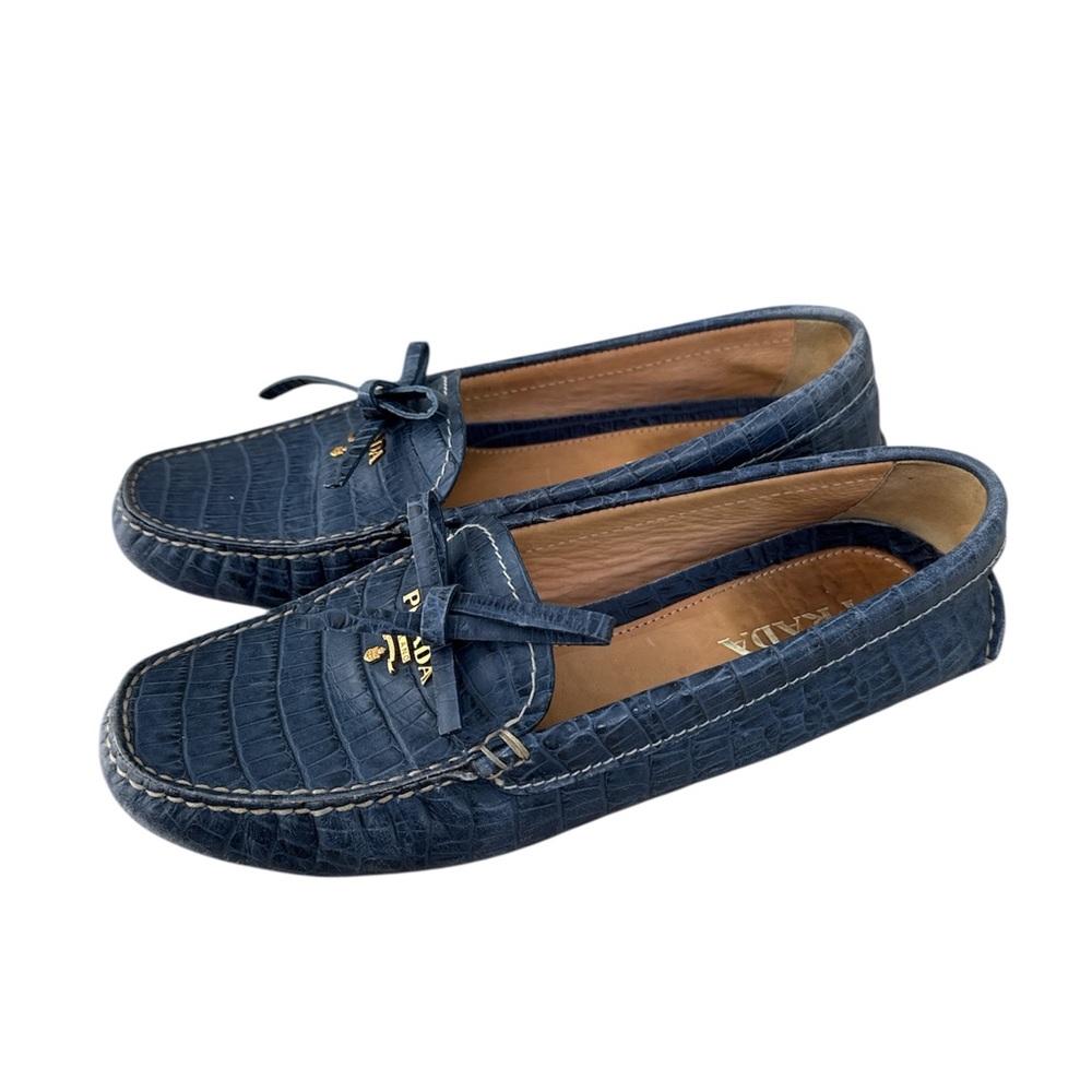 Prada Textured Blue Leather Loafers - Picture 2 of 7